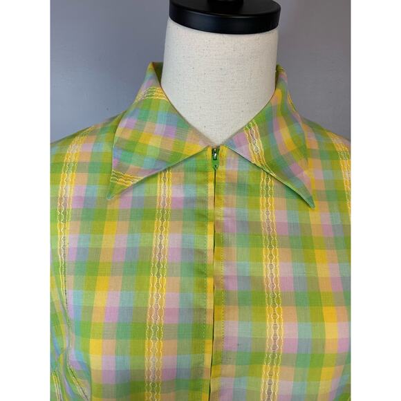 Vintage 1960s Neon Pastel Plaid Shirt Dress House Dress Dagger Collar Zip Front - Picture 3 of 9